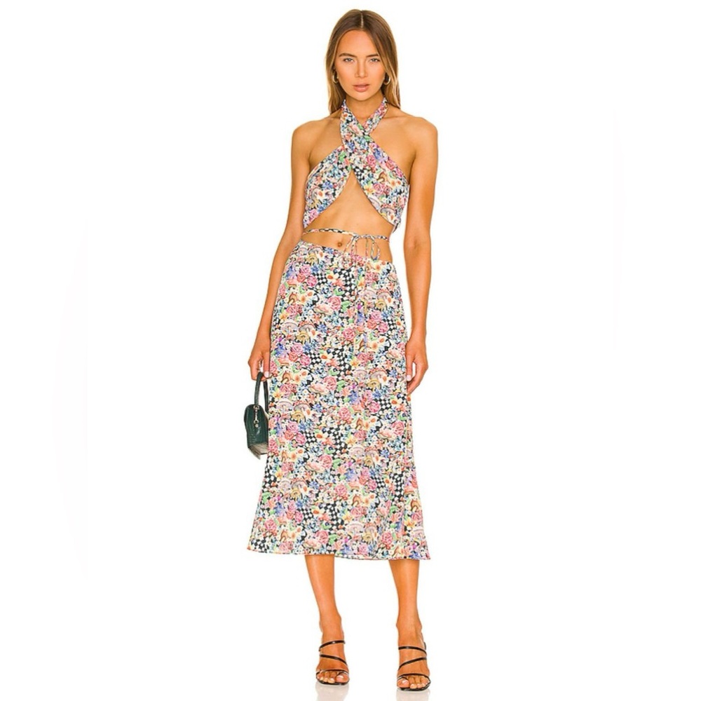 For Love & Lemons SET‎ Floral Deidre Halter Scarf Top & Midi Skirt Size MEDIUM